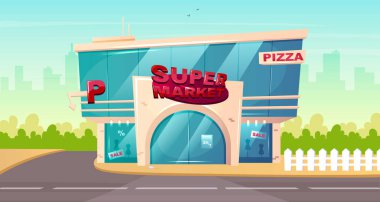 Süpermarketin ön düz renk vektör çizimi. Alışveriş merkezinin cam girişi. Otoparkı olan hipermarket önü. Dükkan önü. Arka planda insan olmayan 2D şehir karikatürü
