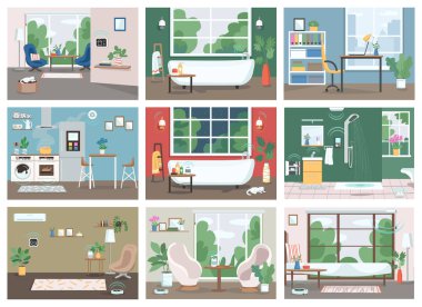 Akıllı ev düz renk vektör çizimleri ayarlandı. Otomatik mutfak, banyo ve oturma odası 2D karikatür iç mekan. Nesnelerin interneti, günlük yaşamda teknolojiler. Akıllı ev aletleri