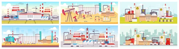 Industriële Sites Platte Kleur Vector Illustraties Set Olieraffinaderij Kerncentrale Productie — Stockvector