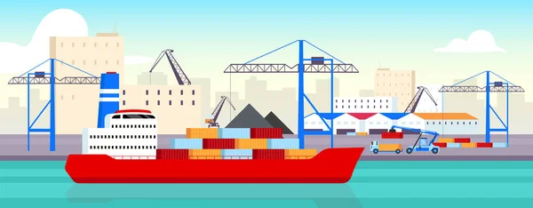 Darstellung Des Flachen Farbvektors Seehafen Industriewerft Containerwerft Cartoon Landschaft Mit — Stockvektor