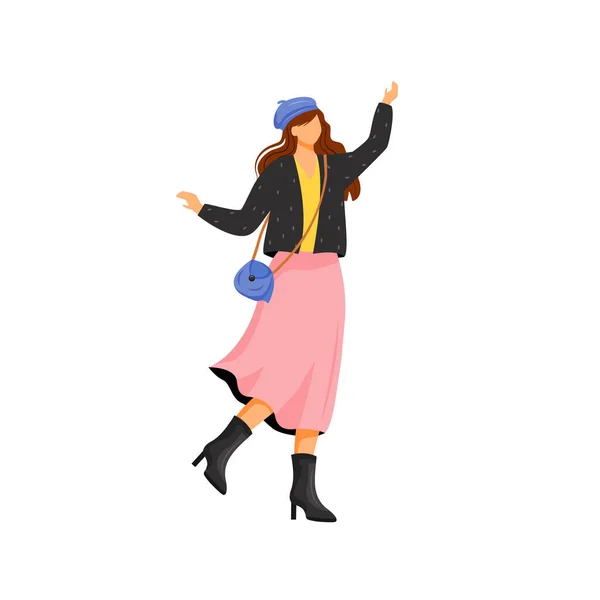 秋の衣装フラットカラーベクトル顔なし文字の女性 スカートとハイヒールのブーツで陽気な女性 寒い中で幸せな人 秋服孤立した漫画のイラスト — ストックベクタ