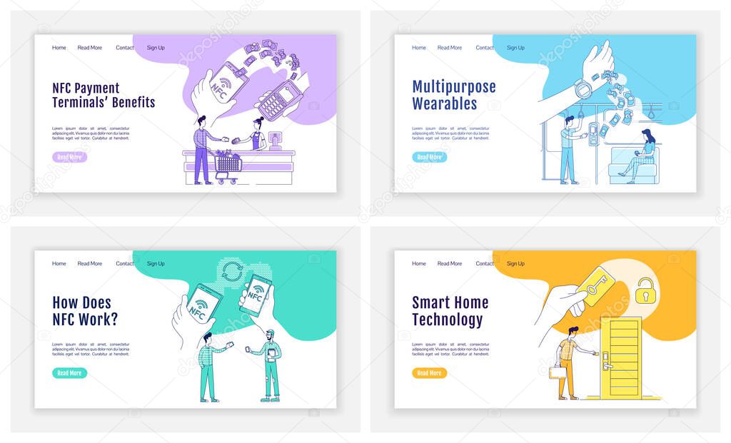 NFC tech landing page flat silhouette vector templates set. Contactless payments homepage layout. Smart home one page website interface with cartoon outline character. NFC devices web banner, webpage