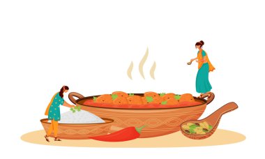 Matar Paneer düz konsept vektör çizimi sunuyor. Hintli kadın aşçılar, sarili kadınlar geleneksel vejetaryen yemeği hazırlıyorlar. 2D çizgi film karakteri web tasarımı için. Yemek servisi yaratıcı bir fikir.
