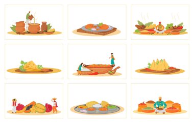 Geleneksel Hint yemekleri düz konsept vektör çizimleri. Restoran yemekleri pişirme ve metaforlar sunma. Hindu aşçılar ve hizmetçiler, tropikal meyve ve baharat satıcıları 2D çizgi film karakterleri.