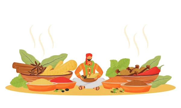 Indian Spice shop płaska koncepcja wektor ilustracji. Człowiek siedzi w pozycji lotosu, przyprawy sprzedawca 2D postać z kreskówek do projektowania stron internetowych. Tradycyjne napoje i dodatki do żywności kreatywny pomysł — Wektor stockowy