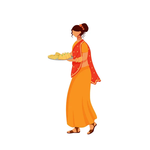 Chica india con sari plana vector de color sin rostro carácter. Camarera hindú en vestido tradicional, mujer con comida india ilustración de dibujos animados aislados para el diseño gráfico web y animación — Vector de stock