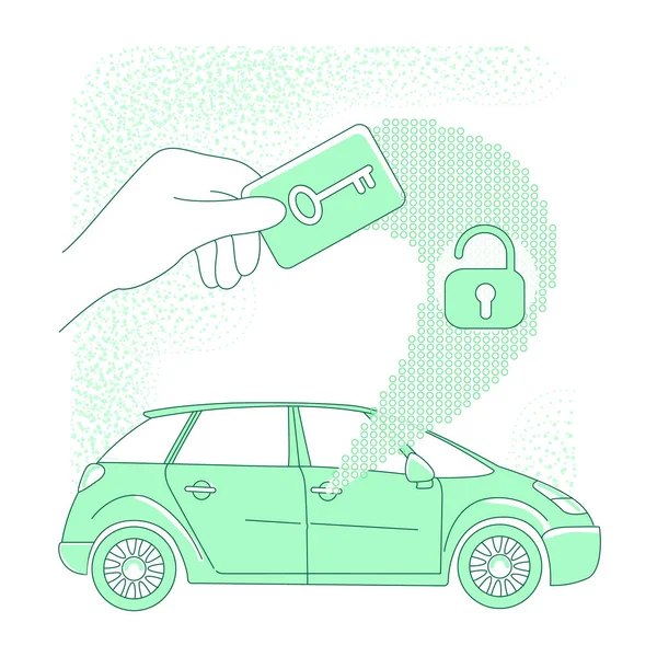 Keycard delgada línea concepto vector ilustración. Persona coche de apertura con llave electrónica personaje de dibujos animados 2D para el diseño web. Tecnología del sistema de bloqueo sin llave del vehículo, idea creativa de seguridad — Archivo Imágenes Vectoriales