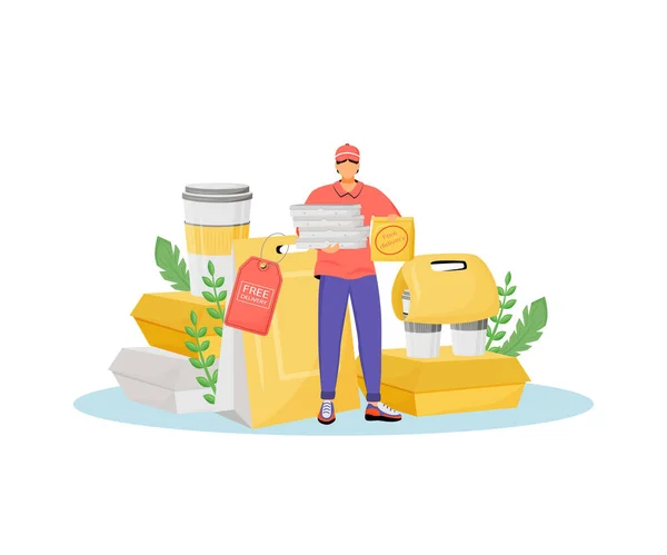 Free delivery flat concept vector illustration. Pizza deliveryman with paper packages, fast food courier 2D cartoon character for web design. Takeaway, restaurant service creative idea — Stock Vector