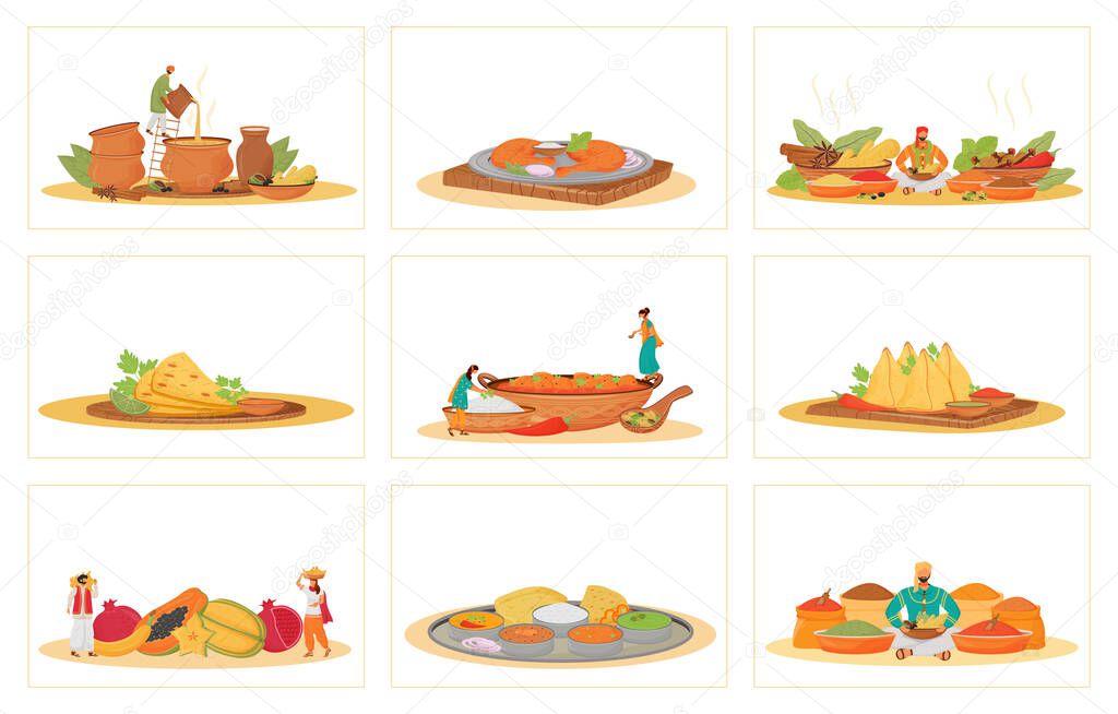 Indian traditional meals flat concept vector illustrations set. Restaurant food cooking and serving metaphors. Hindu cooks and servants, tropical fruits and spice vendors 2D cartoon characters