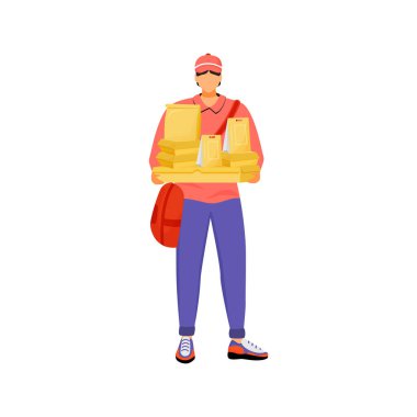 Pizza deliveryman, male courier with packages flat color vector faceless character. Takeaway, restaurant food delivery service isolated cartoon illustration for web graphic design and animation vector