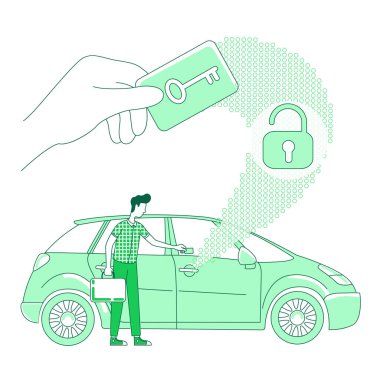 Anahtar kartı taraması ince çizgi konsept çizimi. Adam web tasarımı için elektronik anahtarı olan bir çizgi film karakteri açıyor. Araç anahtarsız kilit kimlik doğrulama sistemi yaratıcı fikri
