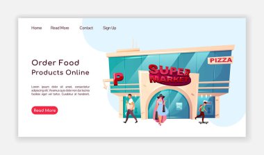 İnternetten gıda ürünleri sipariş edin. İniş sayfası düz renk vektör şablonu. Süpermarket ana sayfası düzeni. Pizza teslimatı. Çizgi film illüstrasyonuyla bir sayfa web sitesi arayüzü. Alışveriş merkezi web pankartı, web sayfası