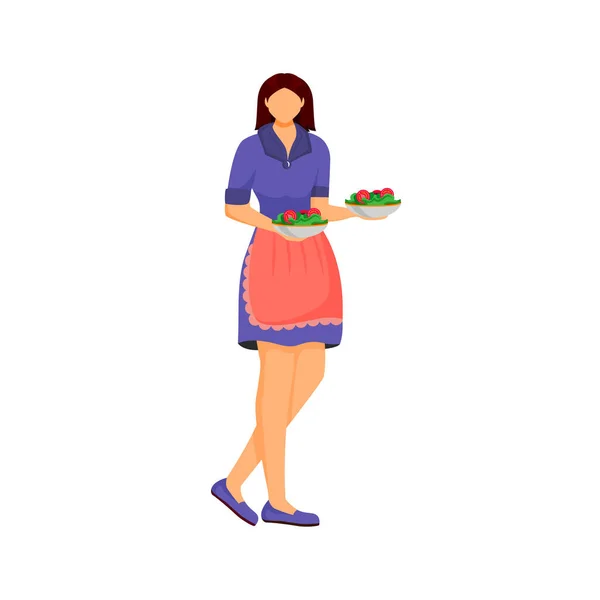 Serveerster, vrouwelijke kok met schotels platte kleur vector gezichtsloos karakter. Vrouw met borden met eten. Zelfgemaakte maaltijden bestellen geïsoleerde cartoon illustratie voor web grafisch ontwerp en animatie — Stockvector