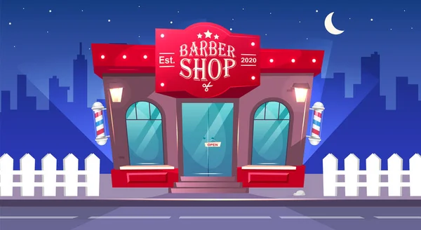 夜のフラットカラーベクトルイラストで理髪店の前。美容室の入り口。バーショップレンガ造りの建物の外観。背景に歩道と夜の2D漫画の街並 — ストックベクタ
