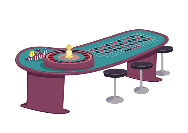 ( 영어 ) Casino cartoon vector illustration. 평평 한 색 물체 주위에 빈 좌석 이 있는 룰렛 테이블. 스핀 휠하고 내기 하는 거야. 검은 점에 감자칩쌓아 놔. 흰 배경에 분리되어 있는 도박 게임 데스크 — 스톡 벡터