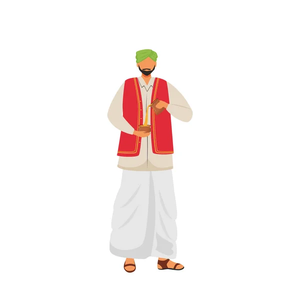 男印地安人倒玛莎拉柴平色矢量无脸字符。穿着传统服装的印度人，为网页平面设计和动画带着杯子的人 — 图库矢量图片