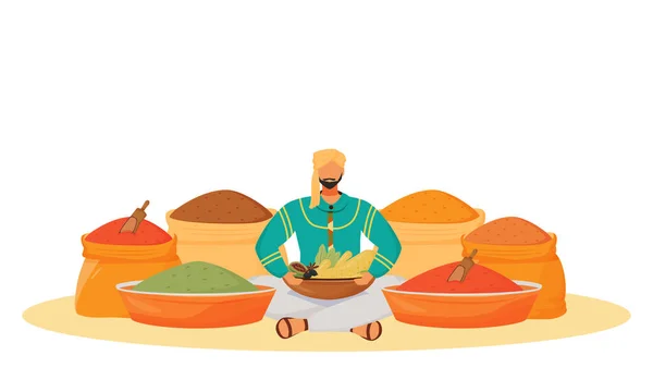 スパイスショップフラットコンセプトベクトルイラスト。男蓮の位置に座って、ウェブデザインのための調味料ストリートセラー2D漫画のキャラクター。インドの伝統的な風味取引創造的なアイデア — ストックベクタ