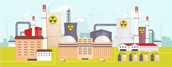 Planta de energía nuclear ilustración vectorial a color plano. Instalación industrial 2D paisaje de dibujos animados con reactores atómicos en el fondo. Estación de fabricación de energía, panorama de la fábrica de producción de electricidad — Archivo Imágenes Vectoriales