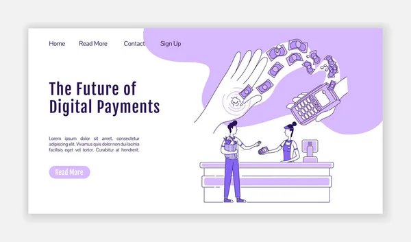 Digital payments landing page flat silhouette vector template. Payment chip homepage layout. NFC device one page website interface with cartoon outline character. Pay system web banner, webpage — Stock Vector