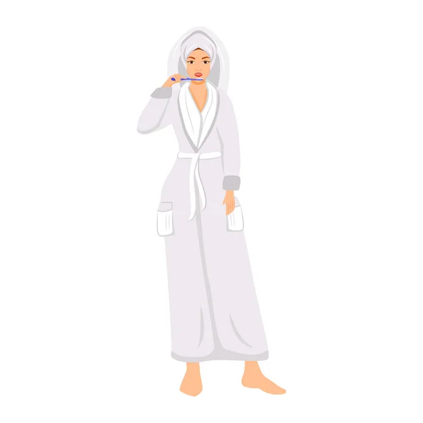 Женщина в халате чистит зубы плоского цвета векторным безликим символом. Девушка утром процедура изолированные иллюстрации мультфильма для веб-графического дизайна и анимации. Ежедневная гигиена — стоковый вектор