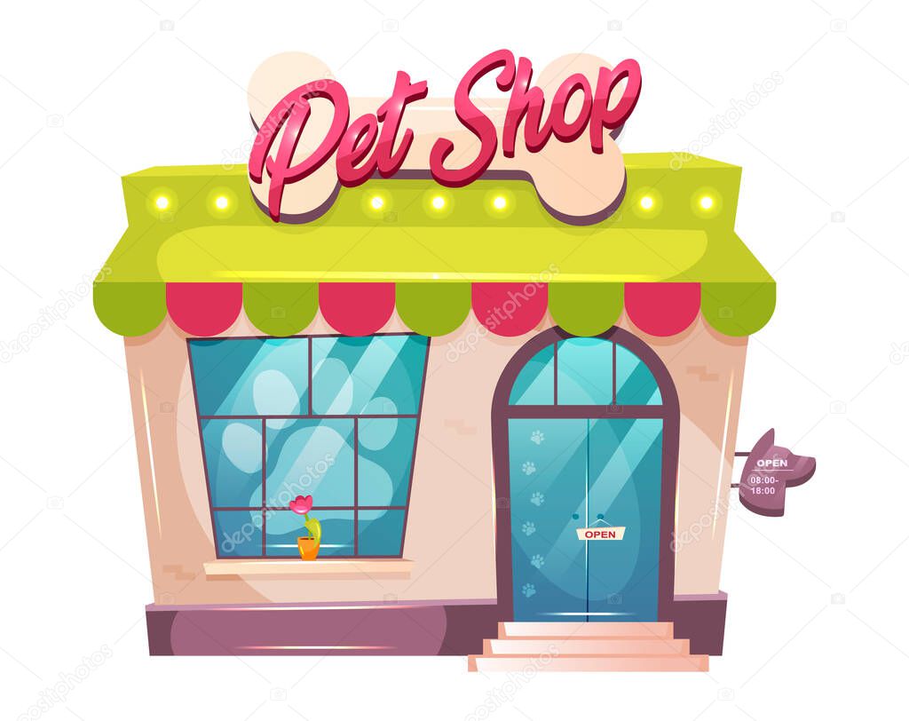 Pet shop cartoon vector illustration. Veterinary building flat color object. Store exterior with striped canopy. Animal shelter storefront. Small building shopfront isolated on white background