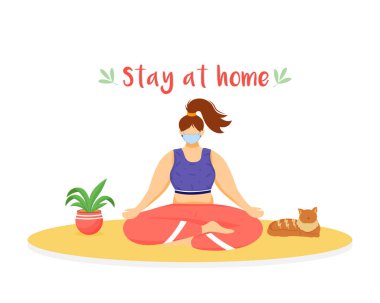 Yüzü olmayan düz renk vektörü karakterinde kal. Karantinaya alınmış kişisel bakım. Meditasyon yapan bir kadın. Web grafik tasarımı ve animasyonu için izole edilmiş karikatür çizimi
