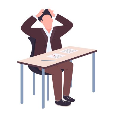 Panik halinde, düz renk vektörlü, yüzü olmayan bir üniversite öğrencisi. Adam, web grafik tasarımı ve animasyonu için izole edilmiş kötü test sonuçları almış. Eğitim sorunu, sınavlar başarısız
