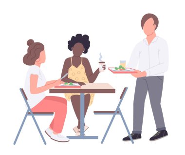 Üniversite arkadaşları düz renk vektörü yüzsüz karakterler. Kafeteryada öğle yemeği arası vermiş gençler web grafik tasarımı ve animasyonu için karikatür çizimlerini izole ettiler. Öğrenci yaşam tarzı, iletişim.