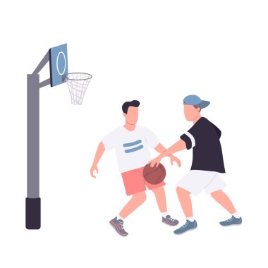 Sokak basketbolcuları düz renk vektörlü yüzsüz karakterler. Spor kıyafetli adamlar web grafik tasarımı ve animasyonu için karikatür çizimlerini izole ettiler. Eğlence sporları, üniversite aktiviteleri