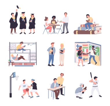 Üniversite öğrencileri düz renk vektörsüz karakterler kümesi. Öğrenciler beyaz arkaplandaki karikatür resimlerini izole ettiler. Üniversite yaşam tarzı. Öğrenim, yatakhane, spor, iletişim ve mezuniyet