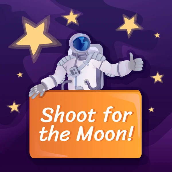 Shoot for Moon social media post mockup. Motivationele zin. Webbanner ontwerp template. Cosmonaut met banner booster, inhoud lay-out met inscriptie. Affiche, gedrukte advertenties en platte illustraties — Stockvector