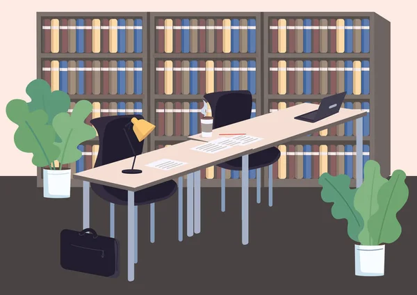 Illustrazione vettoriale a colori piatta della biblioteca universitaria. Aula universitaria 2D cartone animato interno con librerie sullo sfondo. Stile di vita degli studenti, luogo di studio pubblico. Stanza vuota con scaffali e tavoli — Vettoriale Stock