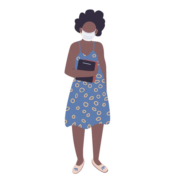 Mulher jovem em máscara médica cor plana caráter vetor sem rosto. Estudante afro-americana feminina segurando livros ilustração cartoon isolado para web design gráfico e animação. Educação pandémica — Vetor de Stock