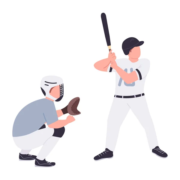 Baseball spelare platt färg vektor ansiktslösa tecken. Smäll och catcher i enhetlig isolerad tecknad illustration för webbgrafisk design och animation. Professionell idrott, universitetsverksamhet — Stock vektor