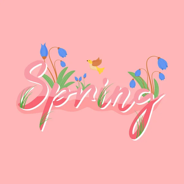 Spring banner flat vector template. Warm weather. Flower blossom. March horizontal poster word concepts design. Seasonal cartoon illustrations with typography. Spring word on pink background — Stock Vector