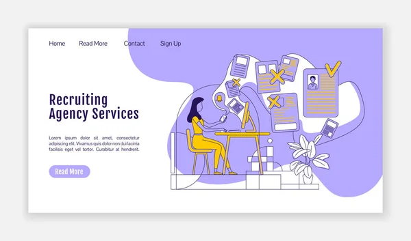 Recruiting agency services landing page flat silhouette vector template. HR company homepage layout. Staff hiring one page website interface with cartoon outline character. Web banner, webpage — Stock Vector