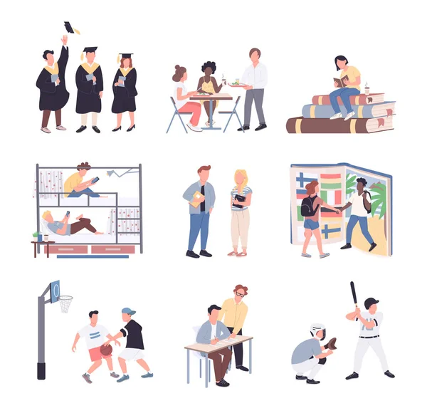 Üniversite öğrencileri düz renk vektörsüz karakterler kümesi. Öğrenciler beyaz arkaplandaki karikatür resimlerini izole ettiler. Üniversite yaşam tarzı. Öğrenim, yatakhane, spor, iletişim ve mezuniyet