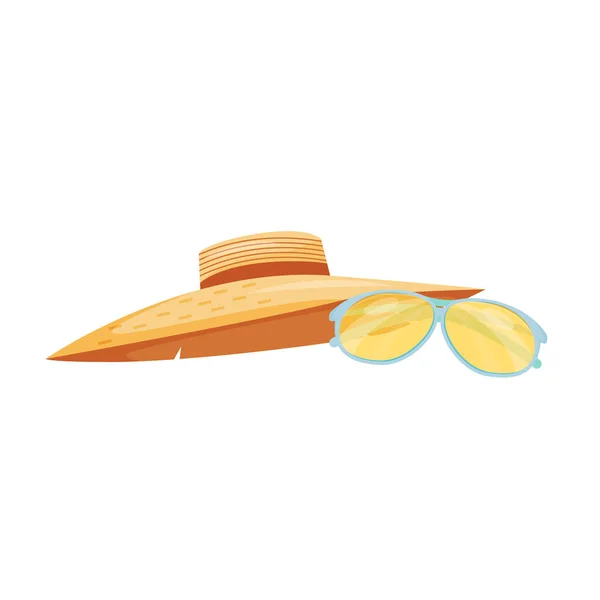 Accessoires d'été illustration vectorielle de dessin animé. Vêtement d'été. Vêtements pour temps chaud. Voyage pour des vacances en mer. Chapeau objet plat de couleur. Lunettes de soleil isolées sur fond blanc — Image vectorielle