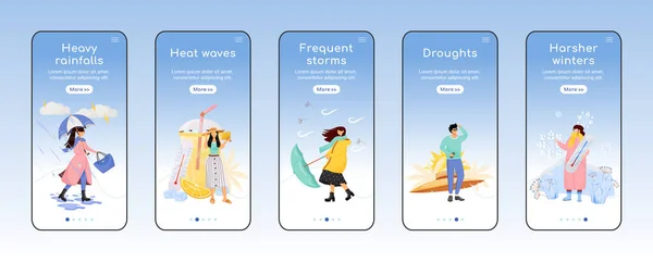 Weersverwachting onboarding mobiele app scherm platte vector sjabloon. Seizoensstormen. Walkthrough website stappen met karakters. UX, UI, GUI smartphone cartoon interface, case prints set — Stockvector