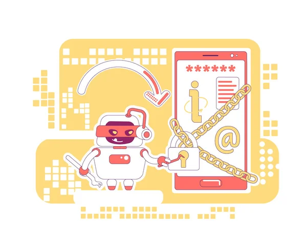 Hacker bot dunne lijn concept vector illustratie. Het stelen van persoonlijke accountgegevens en inhoud. Slechte scraper robot 2D stripfiguur voor webdesign. Smartphone wachtwoord hacken creatief idee — Stockvector