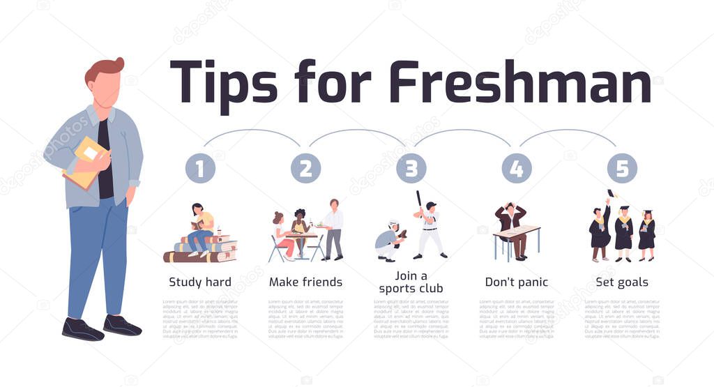 Tips for freshman flat color vector informational infographic template. Student lifestyle poster, booklet, PPT page concept design with cartoon characters. Advertising flyer, leaflet, info banner idea