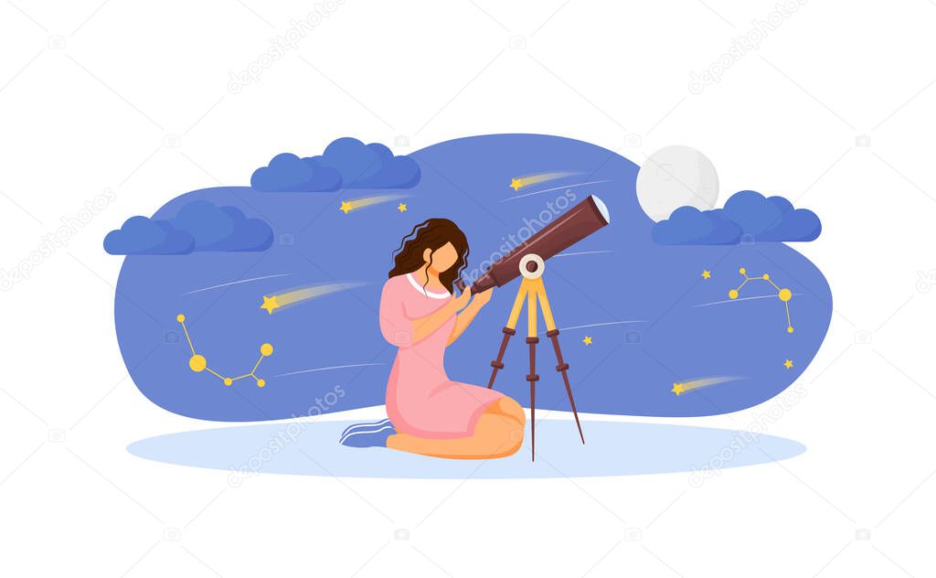 Girl with telescope flat concept vector illustration. Woman search for constellation 2D cartoon character for web design. Look at stars and moon with tool. Night sky observation creative idea