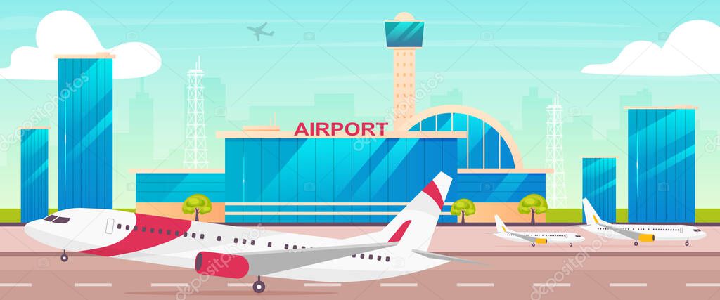 Airport flat color vector illustration. Runway with departing plane 2D cartoon landscape with control tower on background. International airline transportation business. Civil aviation industry