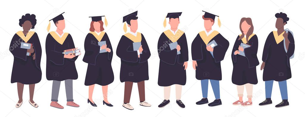 College graduates flat color vector faceless characters set. Girls and boys in bachelor caps isolated cartoon illustrations on white background. Multiethnic university students group holding books