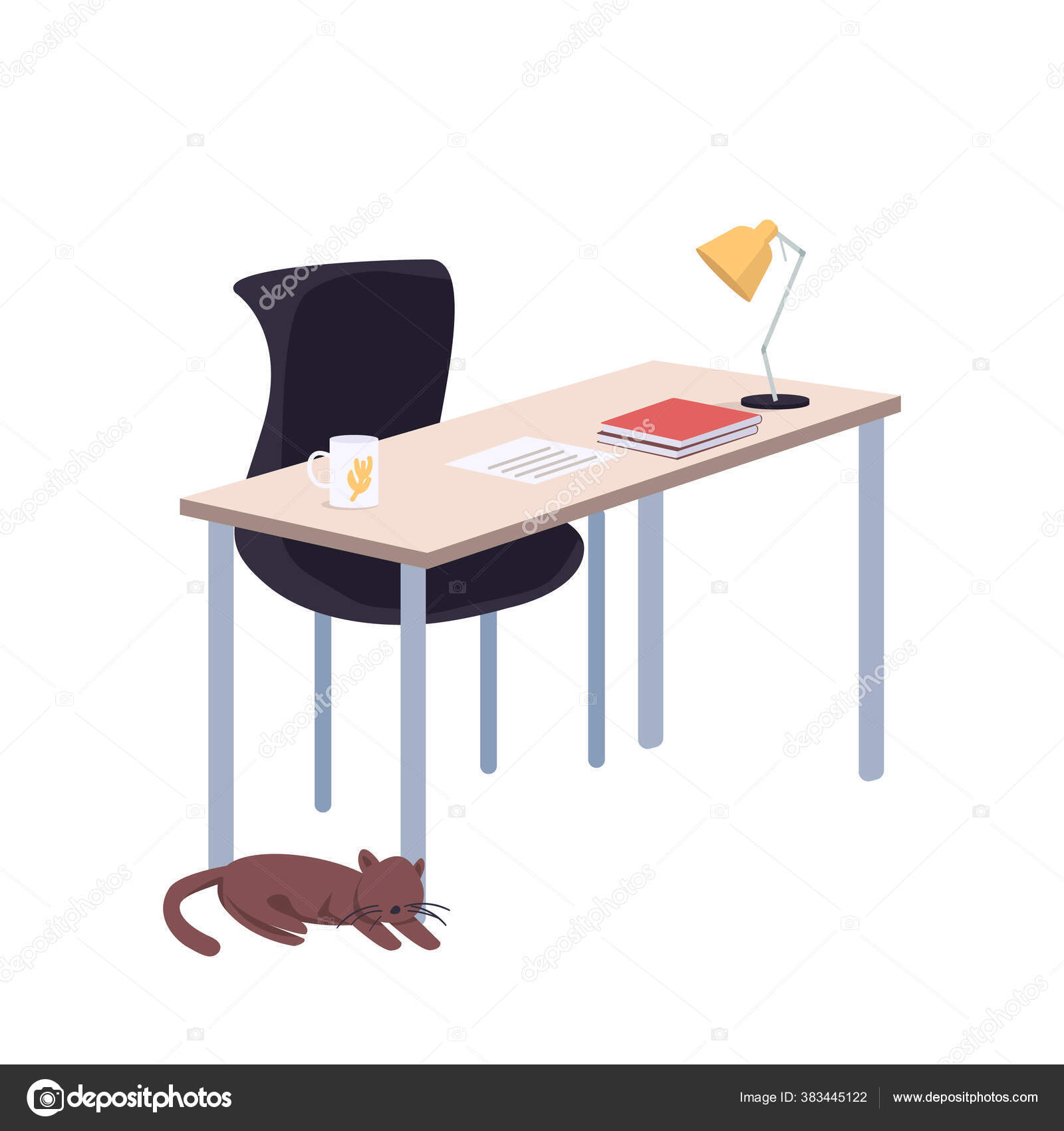 Student workspace cartoon vector illustration. Table with chair, home  furniture flat color objects. Empty household workplace isolated on white  background. College lifestyle attribute Stock Vector by ©TheImg 383445122