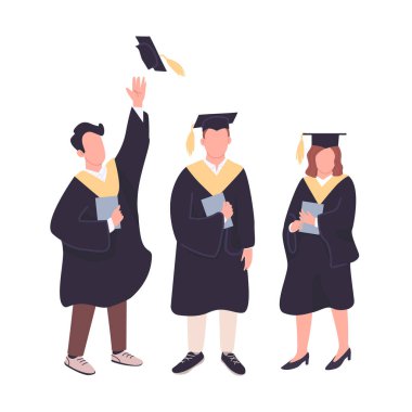 Mutlu mezunlar düz renk vektörsüz karakterler kümesi. Lisans diploması taşıyan üniversite öğrencileri beyaz arkaplanda karikatür çizimleri taşıyorlar. İnsanlar akademik diploma almayı kutluyor