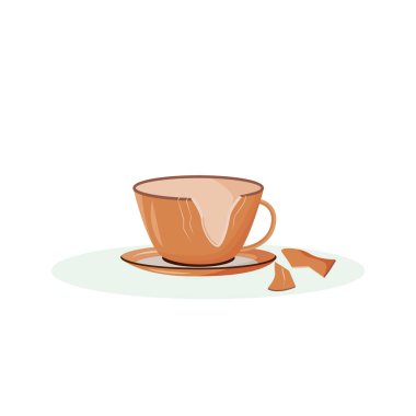 Broken cup cartoon vector illustration. Cracked teacup, shattered crockery flat color object. Traditional superstition, good luck sign. Smashed ceramic mug isolated on white background clipart