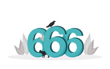 Canavarın düz konsept vektör çiziminin numarası. 666 numara, siyah kedi ve 2B kuzgun çizgi film web tasarımı için. Şeytan işareti, şeytan sembolü yaratıcı fikir. Kötü alamet, dini batıl inanç.