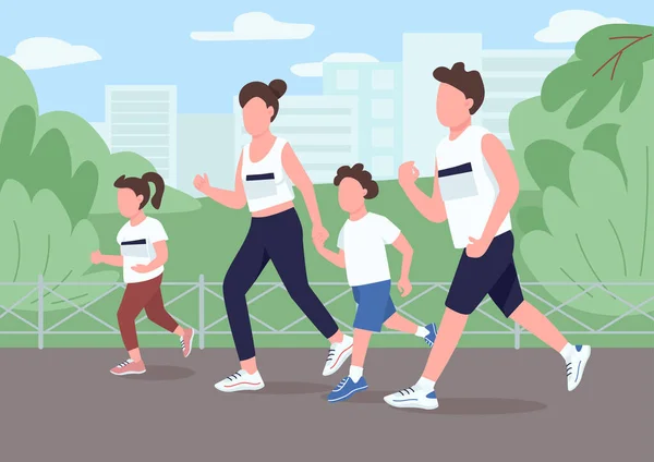 Familienlauf Marathon flache Farbvektorabbildung. Eltern joggen mit Kindern im Park. Mama und Papa liefern sich mit Kindern Wettkämpfe. Verwandte 2D-Comicfiguren mit Interieur auf Hintergrund — Stockvektor