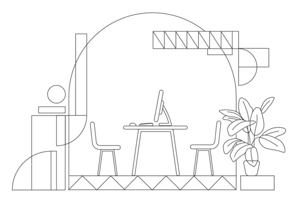 Illustrazione vettoriale della silhouette piatta dell'ufficio vuota. Direttore esecutivo HR composizione del contorno del posto di lavoro su sfondo giallo. Ufficio per riunioni, sala con sedie e PC desktop semplice disegno in stile — Vettoriale Stock